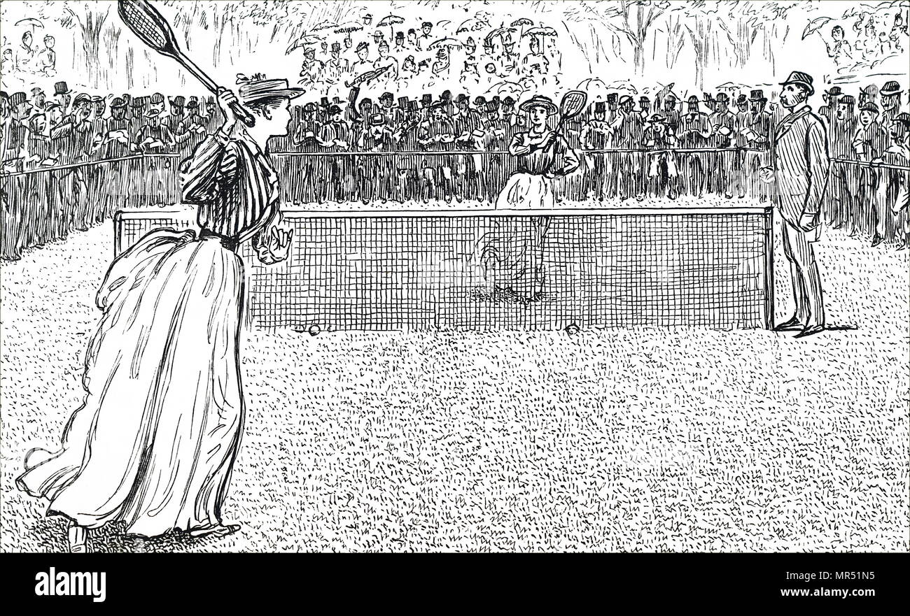 Illustration depicting young ladies playing a game of lawn tennis. Illustrated by George du Maurier (1834-1896) a Franco-British cartoonist and author. Dated 19th century Stock Photo