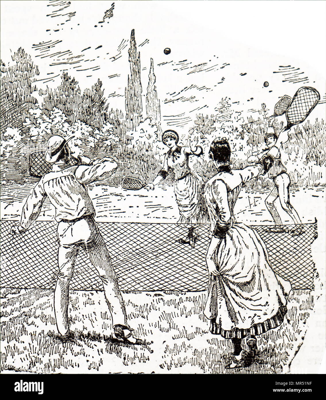 Illustration depicting a game of mixed doubles lawn tennis. Dated 19th