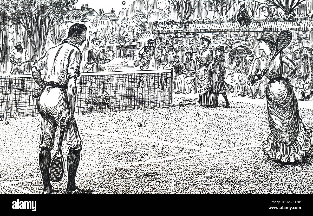 Illustration depicting a game of mixed doubles lawn tennis. Dated 19th
