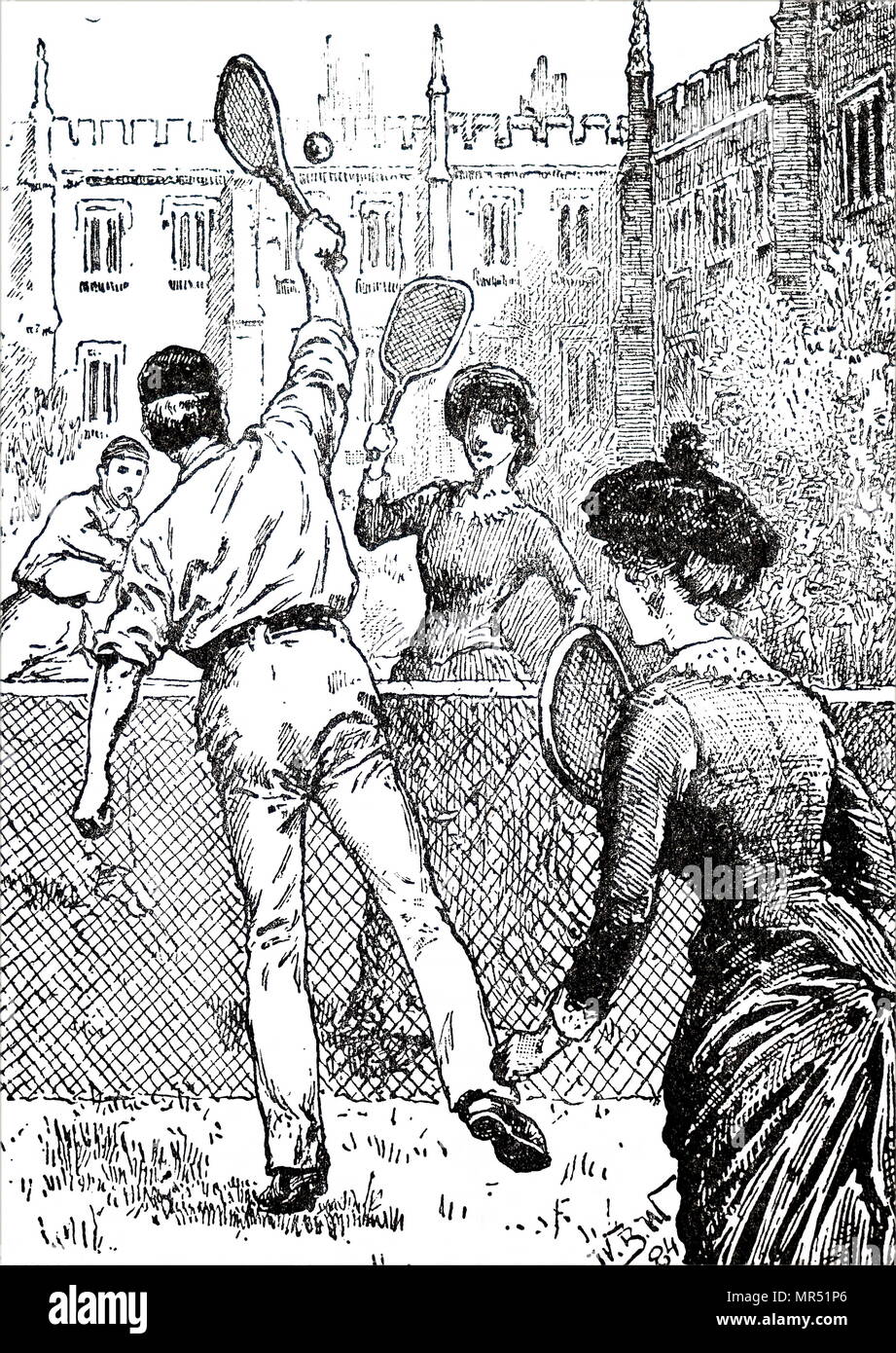 Illustration depicting a game of mixed doubles lawn tennis. Dated 19th
