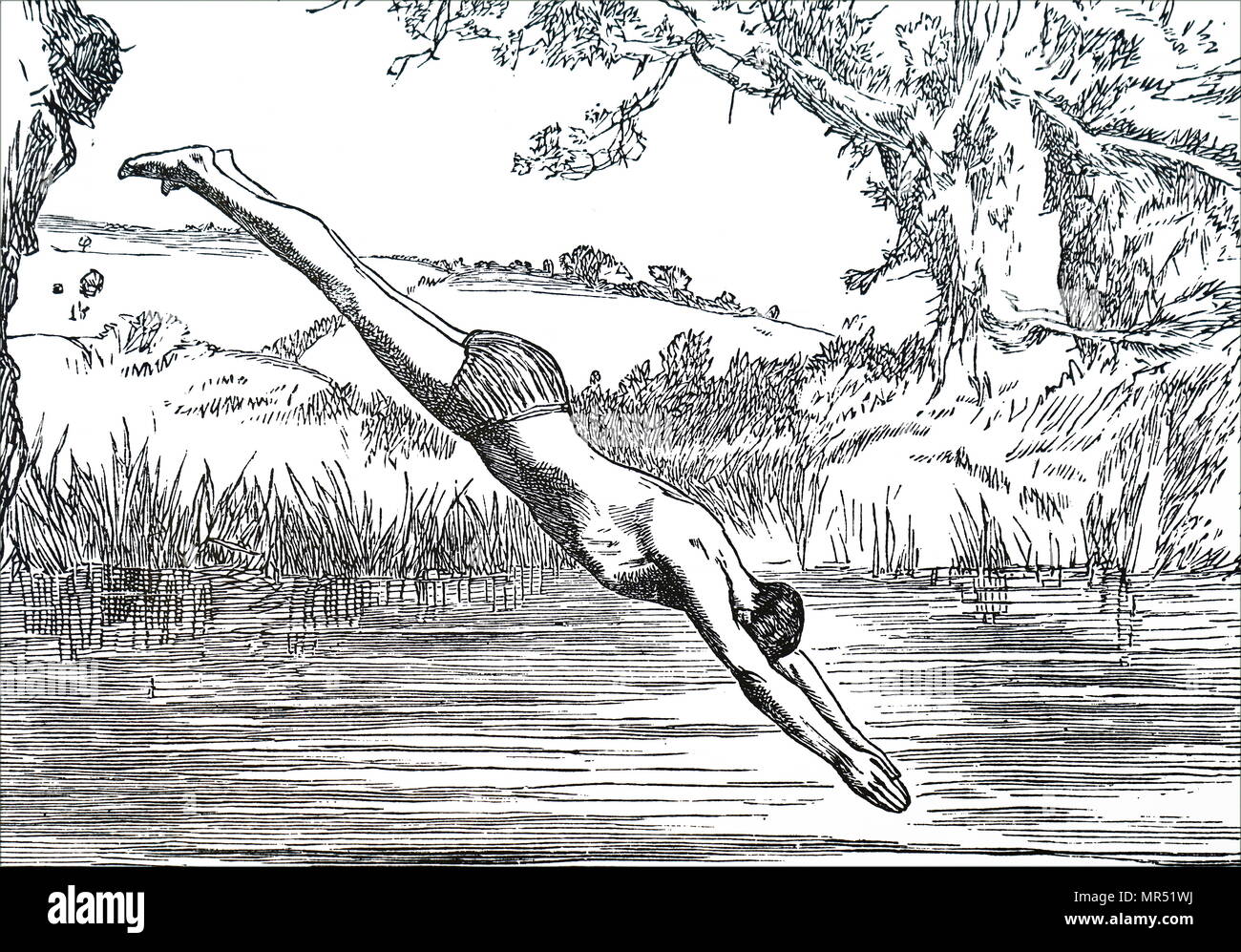 Illustration depicting a man diving into a river. Dated 19th century Stock Photo