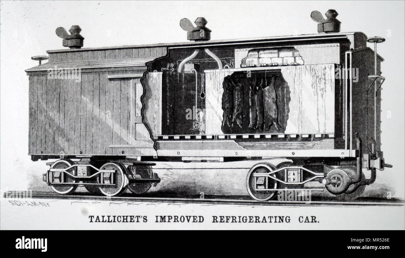 Engraving depicting a cold storage refrigerated railroad car. Dated 19th century Stock Photo