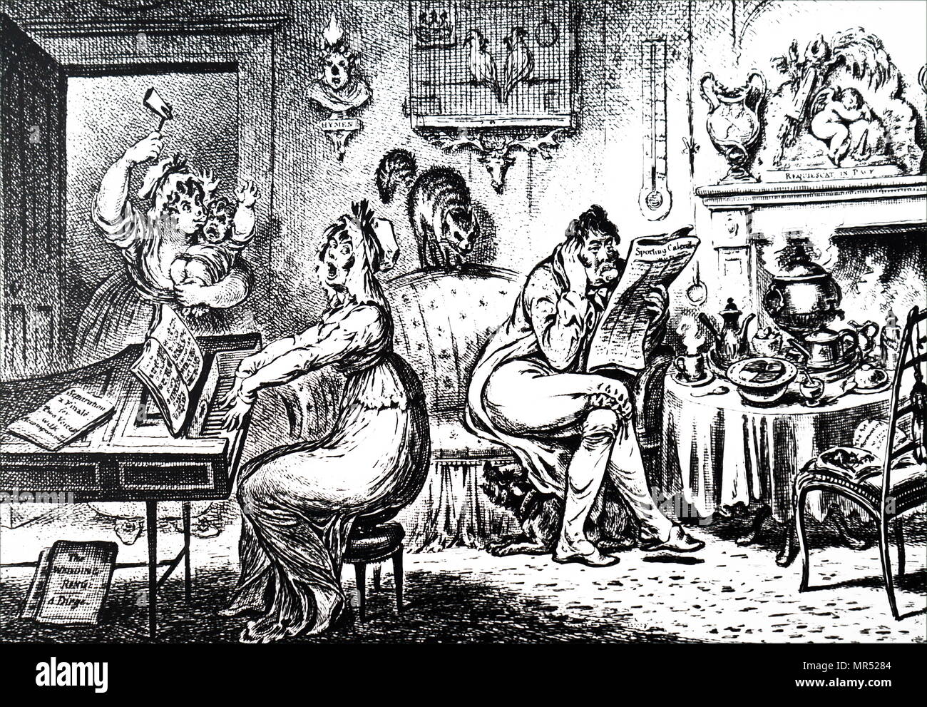Cartoon depicting a chaotic family home. Dated 19th century Stock Photo