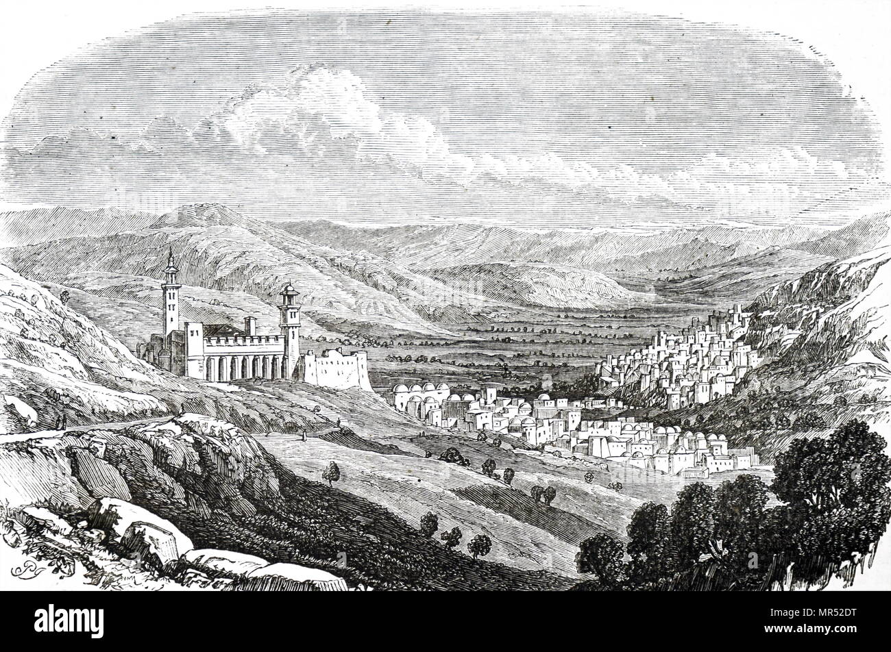 Illustration depicting a view of Hebron, a Palestinian city located in the southern West Bank. Dated 19th century Stock Photo