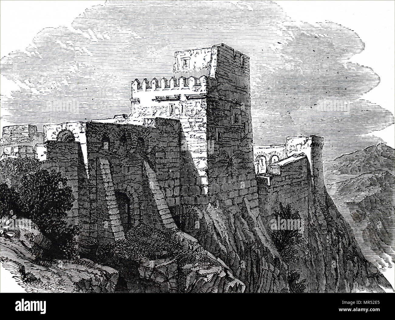 Illustration depicting a view of Hebron, a Palestinian city located in the southern West Bank, showing part of the walls, including the Towers of Judea. Dated 19th century Stock Photo