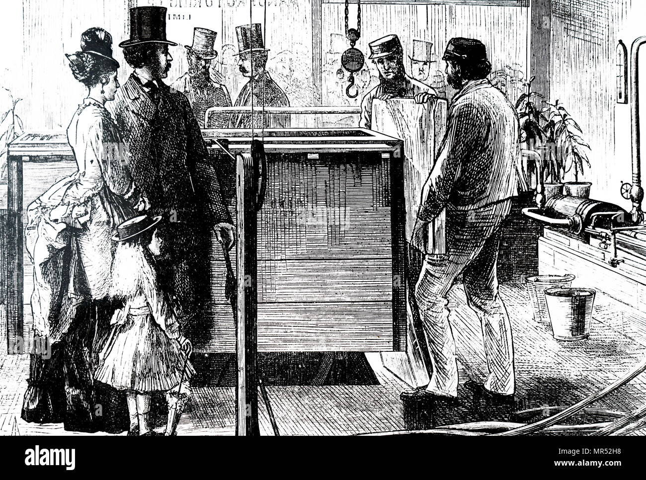 Illustration depicting Siebe, West & Co's machinery in use at the Ice Manufacturing Company's Works, Queen Victoria Street, London. Dated 19th century Stock Photo