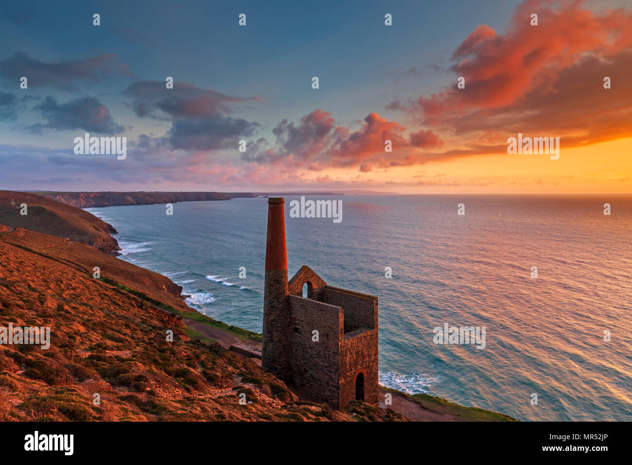 A Spring Sunset over Towanroath Engine House, Chapel Porth, Cornwall Stock Photo