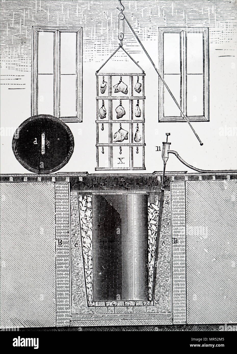 Illustration depicting a sunken cold store for a butcher's shop. Ice was packed around the iron tank. Dated 19th century Stock Photo