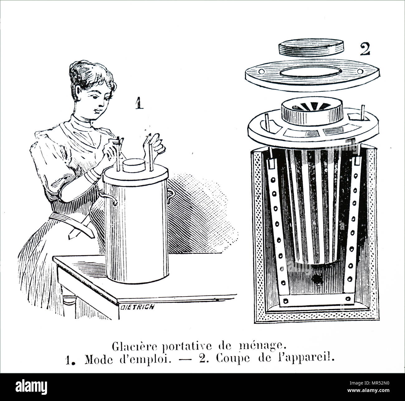 Illustration depicting an apparatus for making ice, using ammonia salts and water. Dated 19th