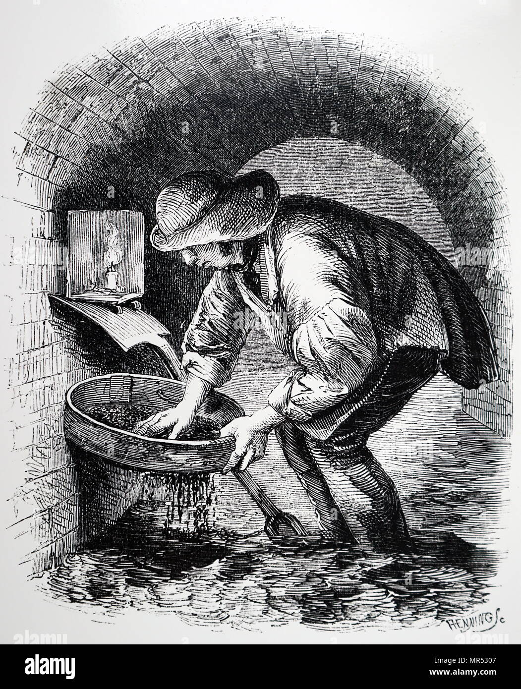 Illustration depicting a London sewer hunter who eked out a living by hunting sewers for anything he could sell. To give him light to do his work he is using a candle with a simple wind shield. Dated 19th century Stock Photo