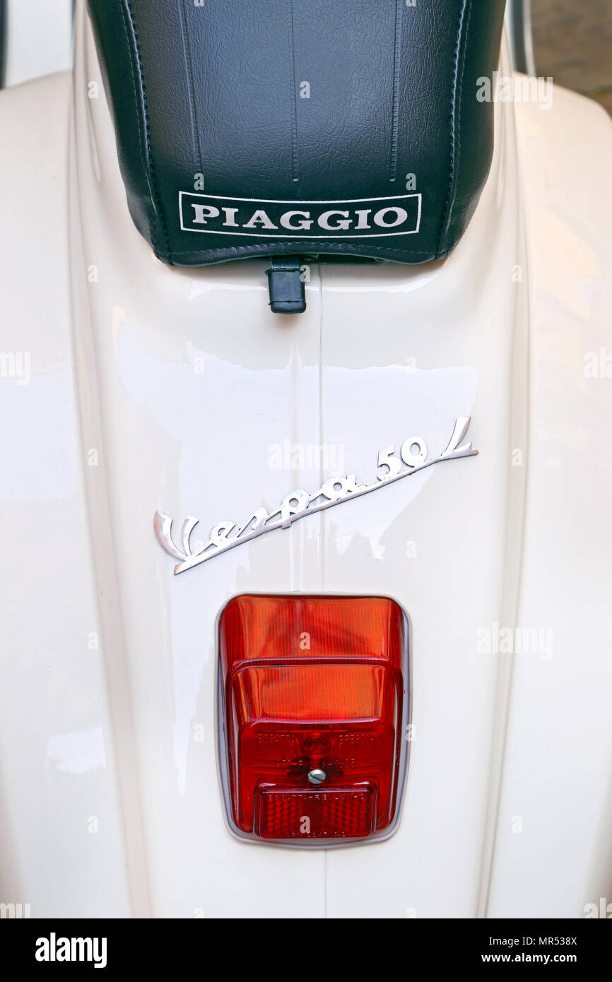SIENA, ITALY - MARCH 12, 2014: Old Vespa 50 Piaggio, detail, Siena - Italy. Stock Photo