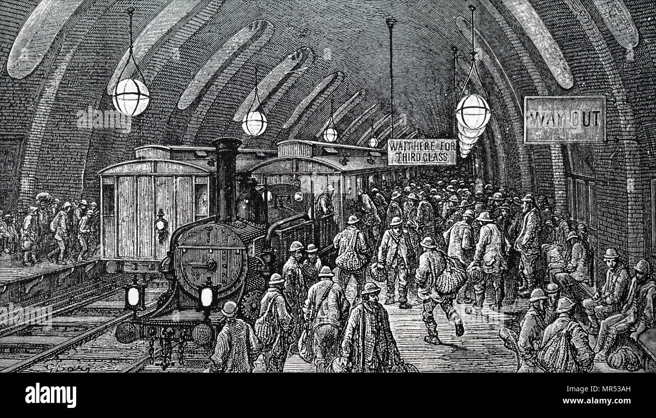 Illustration depicting the steam trains at Gower Street Station. Dated 19th century Stock Photo