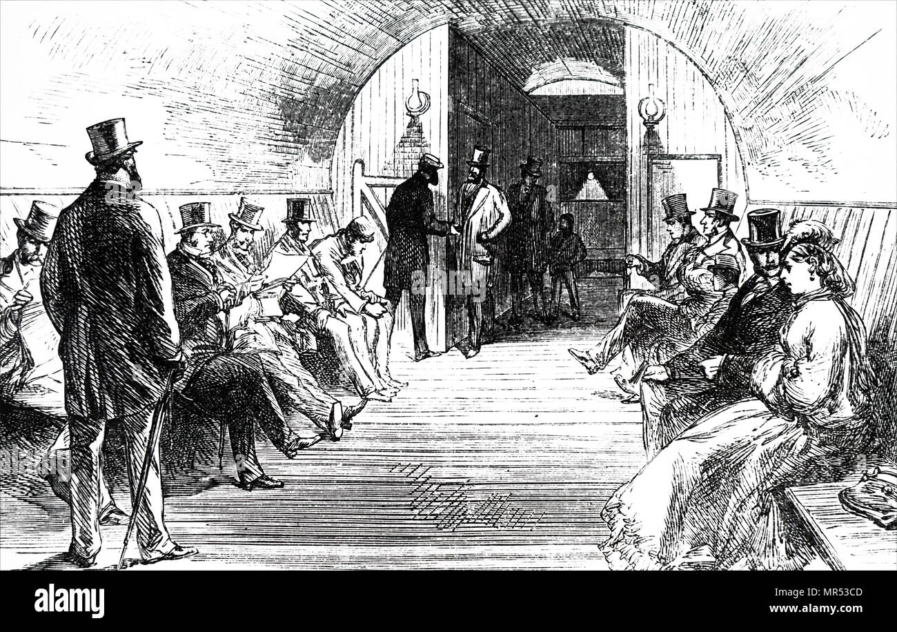 Illustration depicting passengers waiting at the Thames Tunnel at Tower Hill. Dated 19th century Stock Photo