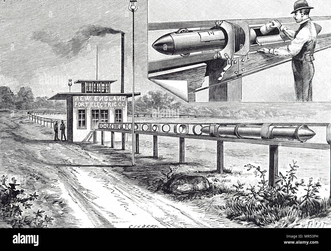 Illustration showing a view of transporting post by electric in monorail,  New England, USA 1890 Stock Photo