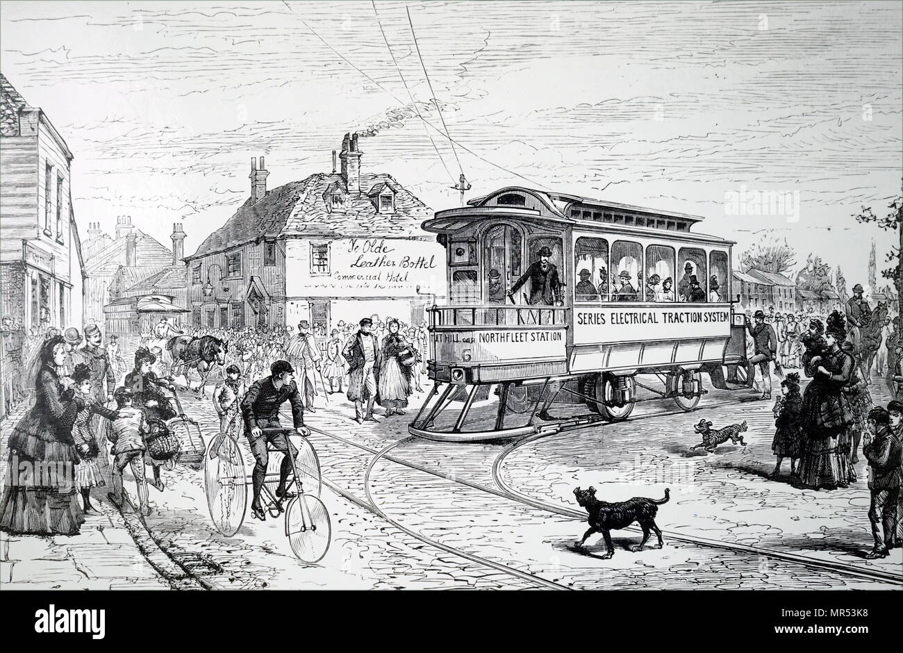 Illustration depicting an electric tram, Northfleet, London. Dated 19th century Stock Photo