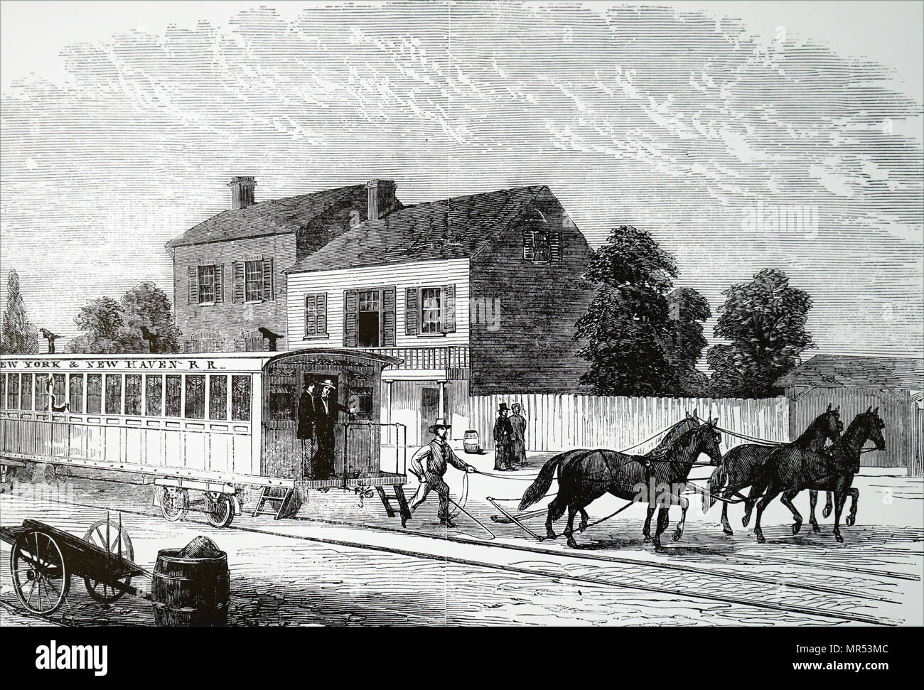 Illustration depicting the detaching of horses from a New York tram car. Dated 19th century Stock Photo
