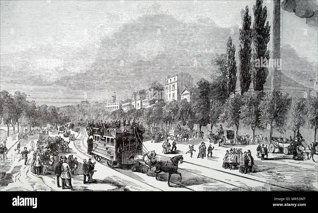 Illustration depicting a horse-drawn carriage in the Champs-Élysées, Paris. A 4 km run of rails was set down between the Place de la Concorde and the Barriere de Passy in the first instance. Dated 19th century Stock Photo