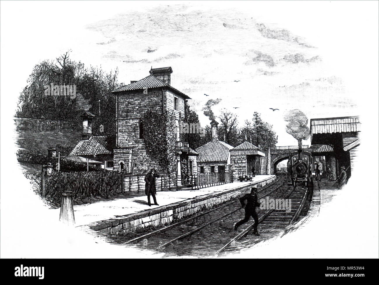 Engraving depicting a view of North Staffordshire railway station, located at Alton Towers. Dated 19th century Stock Photo