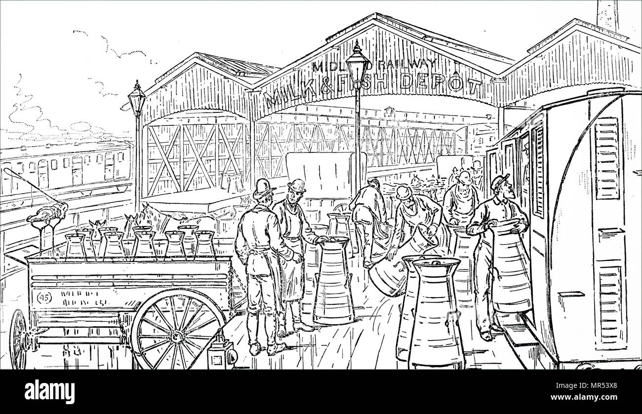 Cartoon depicting the Midland Railway Milk and Fish Depot. Dated 19th century Stock Photo