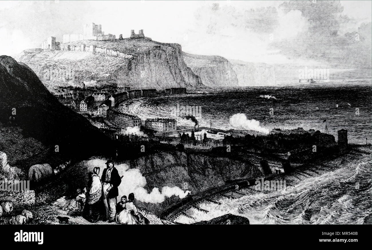 View of Dover from Shakespeare's Cliff, showing the London, Catham & Dover line at the foot of the cliff entering the harbour complex. Dated 19th century Stock Photo
