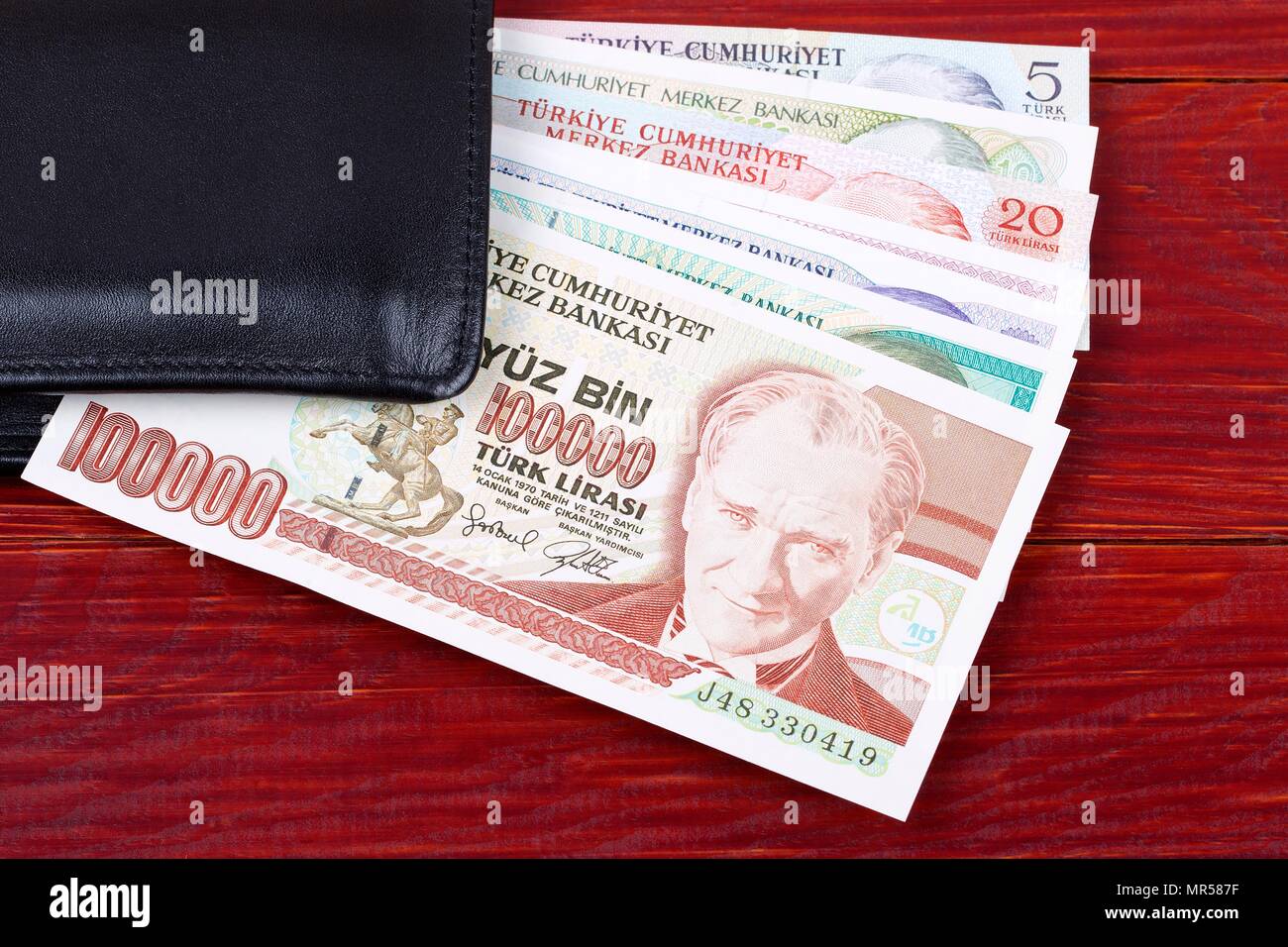 Money from Turkey in the black wallet Stock Photo