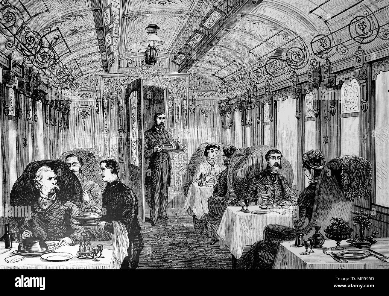 Engraving depicting passengers taking lunch in a dining car on the Great Northern Railway. Dated 19th century Stock Photo