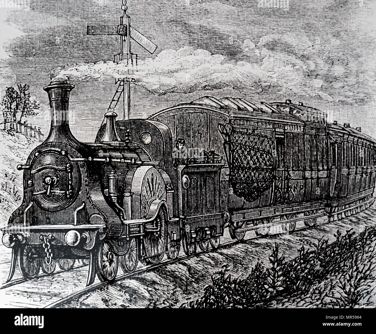 Engraving depicting a mail train on the Great Northern Railway Line. Dated 19th century Stock Photo