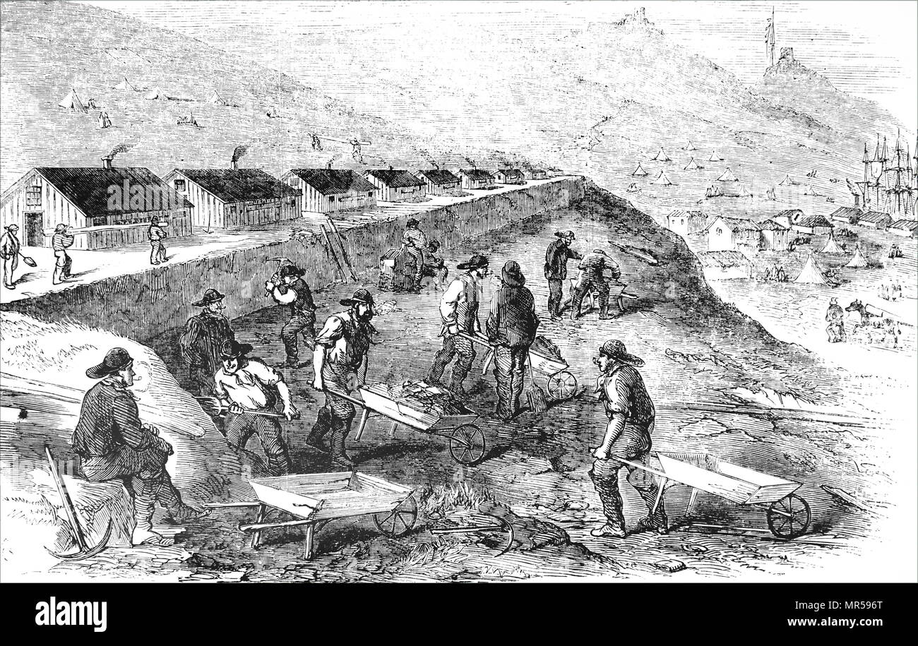 Illustration depicting navvies working on the Balaklava Railway Line. Dated 19th century Stock Photo
