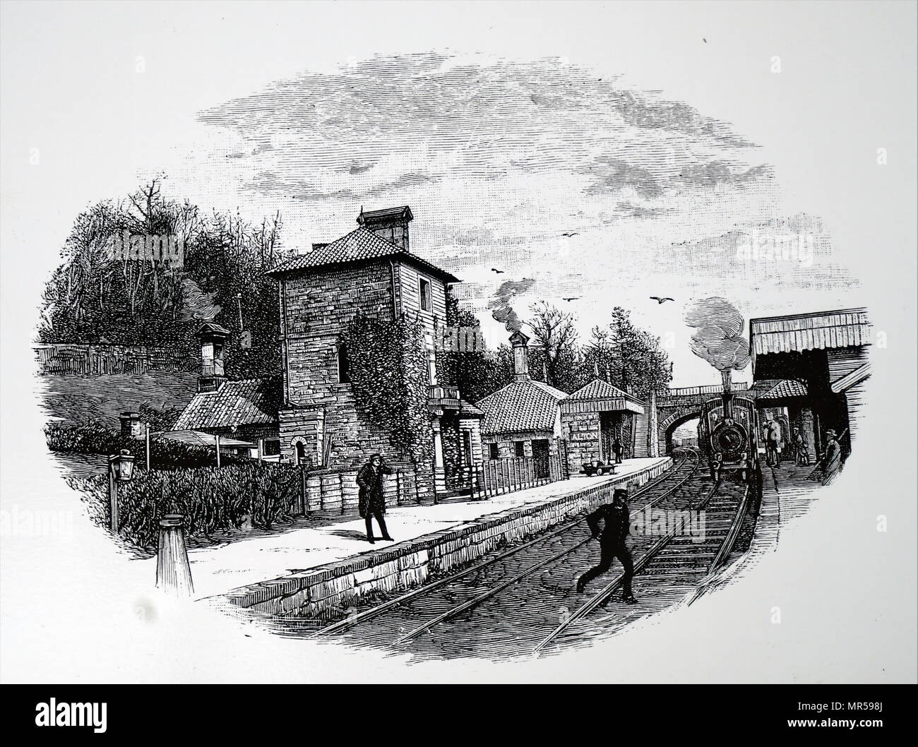 Engraving depicting Alton Towers Railway Station. Dated 19th century Stock Photo