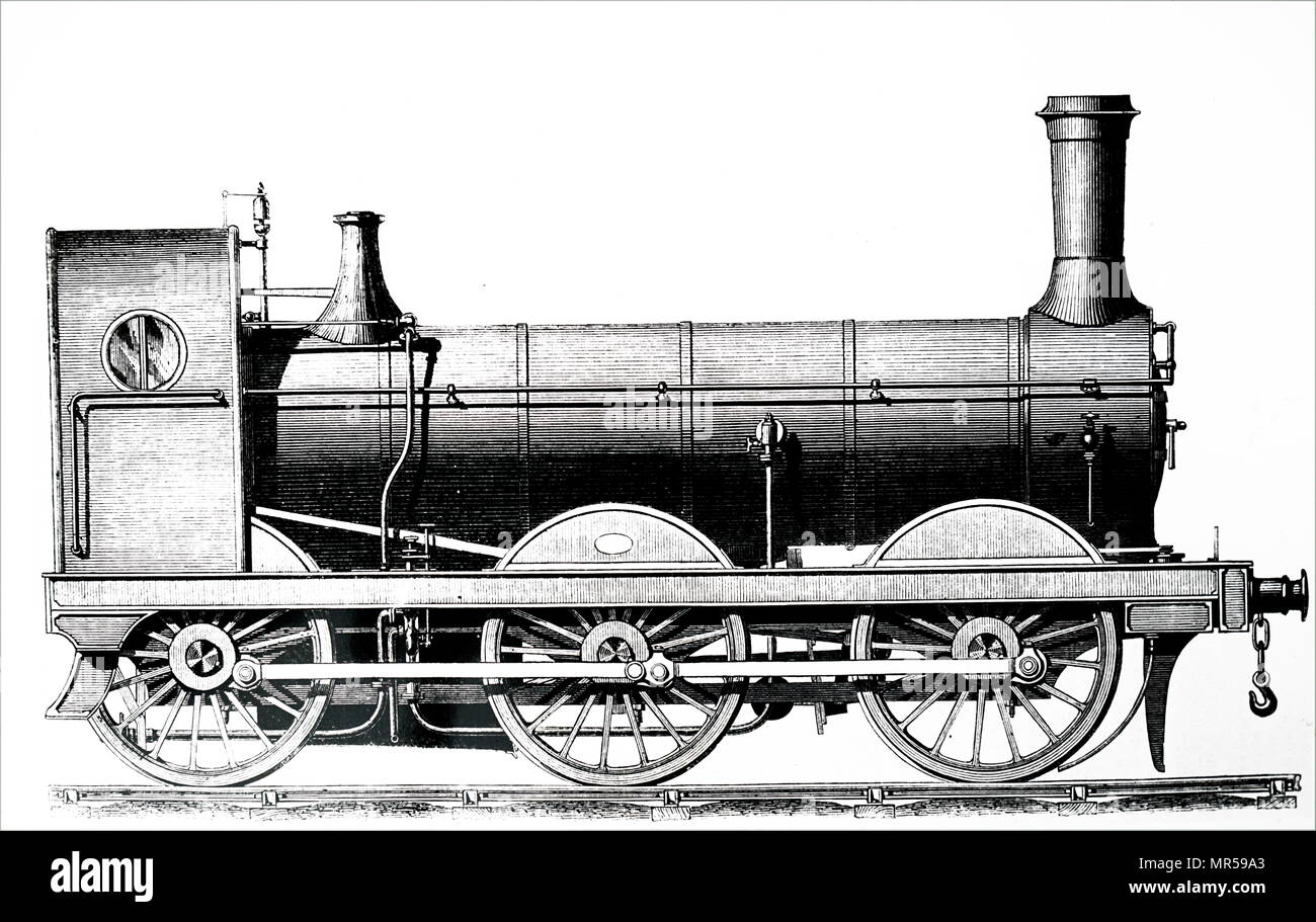 Engraving depicting a 0-6-0 locomotive. Under the Whyte notation for the classification of steam locomotives, 0-6-0 represents the wheel arrangement of no leading wheels, six powered and coupled driving wheels on three axles and no trailing wheels. Dated 19th century Stock Photo