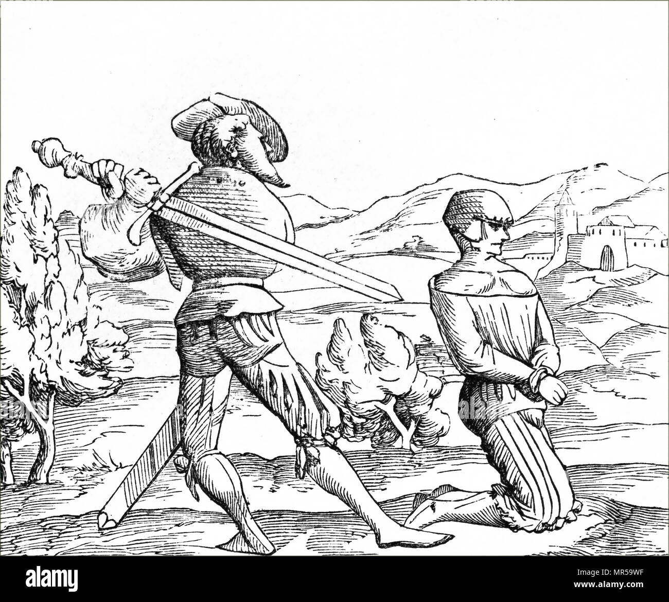 Engraving depicting death by decapitation: The executioner is using the two-handed sword- the glaive of execution. Dated 16th century Stock Photo