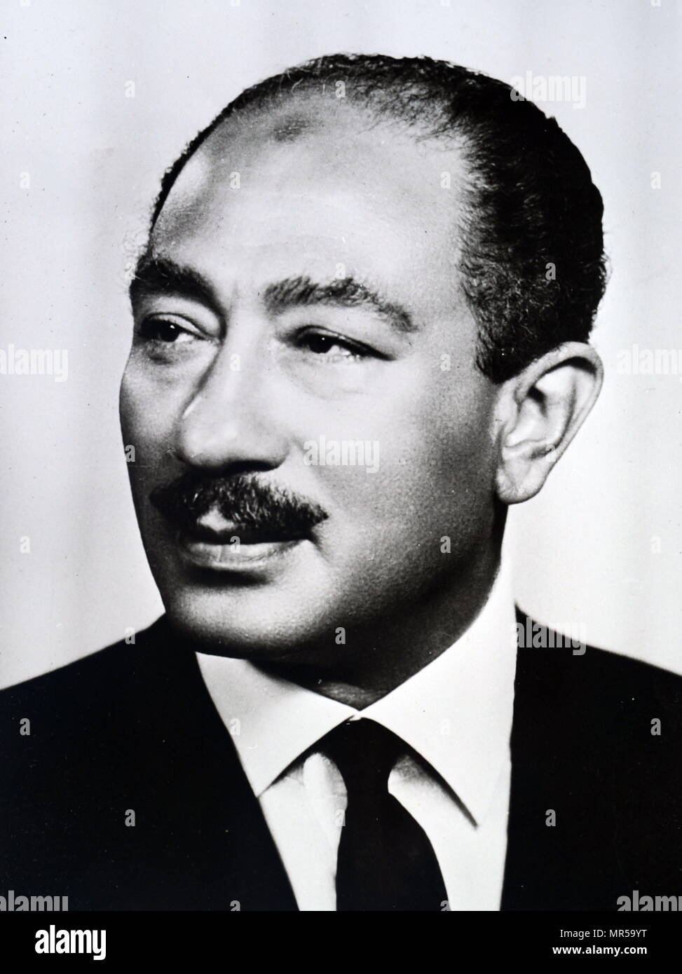 Photograph of Anwar Sadat (1918-1981) third President of Egypt until his assassination by fundamentalist army officers. Sadat sought diplomatic settlement of Arab-Israeli conflict. He was awarded Nobel Peace Prize in 1978.  Dated 20th century Stock Photo