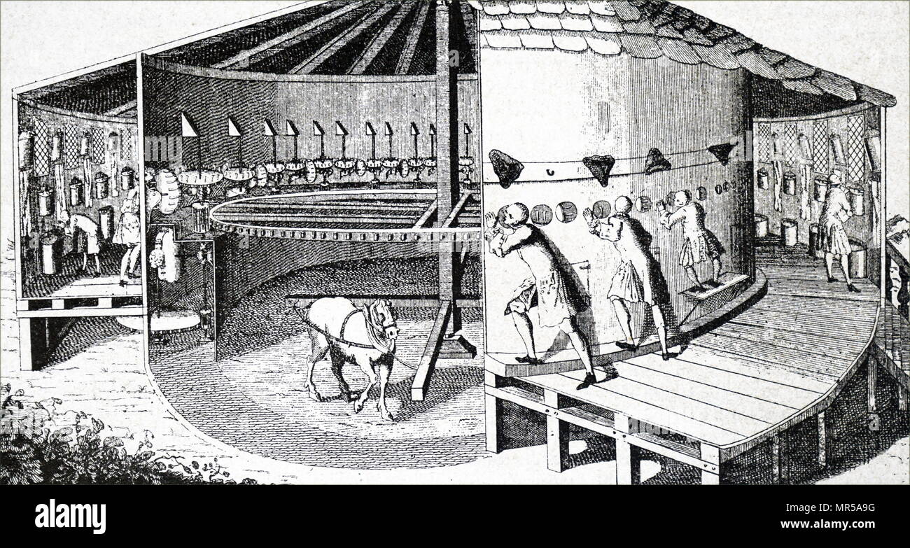 Engraving depicting a horse-powered mill used for shaving 60 men at a time. Dated 18th century Stock Photo