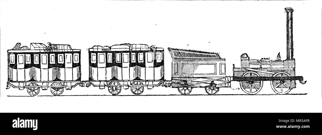 Engraving depicting Robert Stephenson's locomotive 'Rocket'. Robert Stephenson (1803-1859) an early railway and civil engineer. Dated 19th century Stock Photo