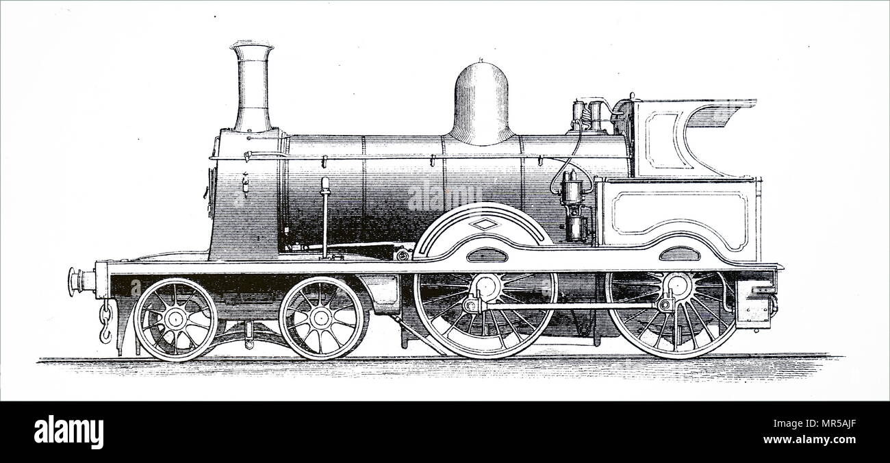 Engraving depicting a 4-4-0 Express Locomotive. Under the Whyte notation for the classification of steam locomotives by wheel arrangement, 4-4-0 represents the arrangement of four leading wheels on two axles, usually in a leading bogie, four powered and coupled driving wheels on two axles, and no trailing wheels. Dated 19th century Stock Photo