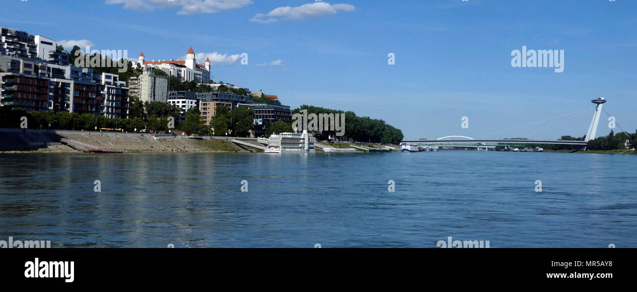 Photograph of taken of bridges spanning the length of the River Danube in Bratislava, the capital of Slovakia. Dated 21st Century Stock Photo