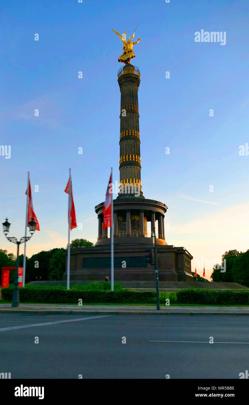 Photograph of the Victory Column (Siegessaule) Monument in Berlin, Germany. Designed by Heinrich Strack, after 1864 to commemorate the Prussian victory in the Danish-Prussian War. Heinrich Strack (1805-1880) a German architect of the Schinkelschule. Dated 21st Century Stock Photo