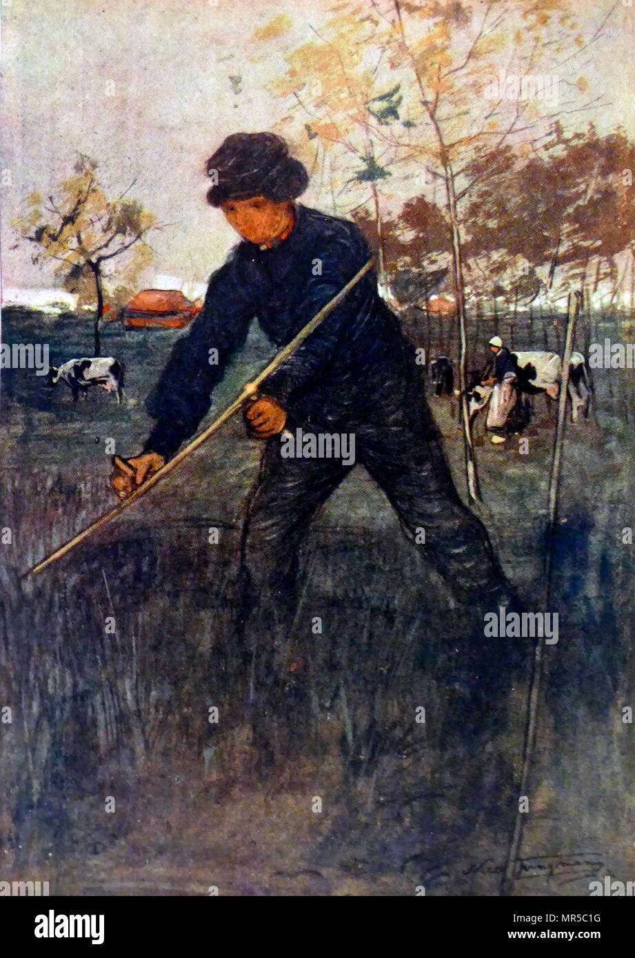 Painting titled 'The Mower' by Nico Jungmann. Nico Jungmann (1872-1935) an Anglo-Dutch painter of landscapes and figural subjects. Dated 20th Century Stock Photo
