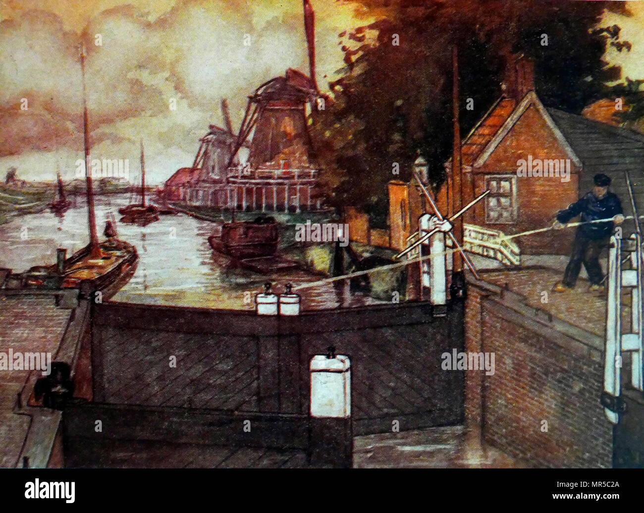 Painting titled 'Noordervaldeursluis, Zaandam' by Nico Jungmann. Nico Jungmann (1872-1935) an Anglo-Dutch painter of landscapes and figural subjects. Dated 20th Century Stock Photo