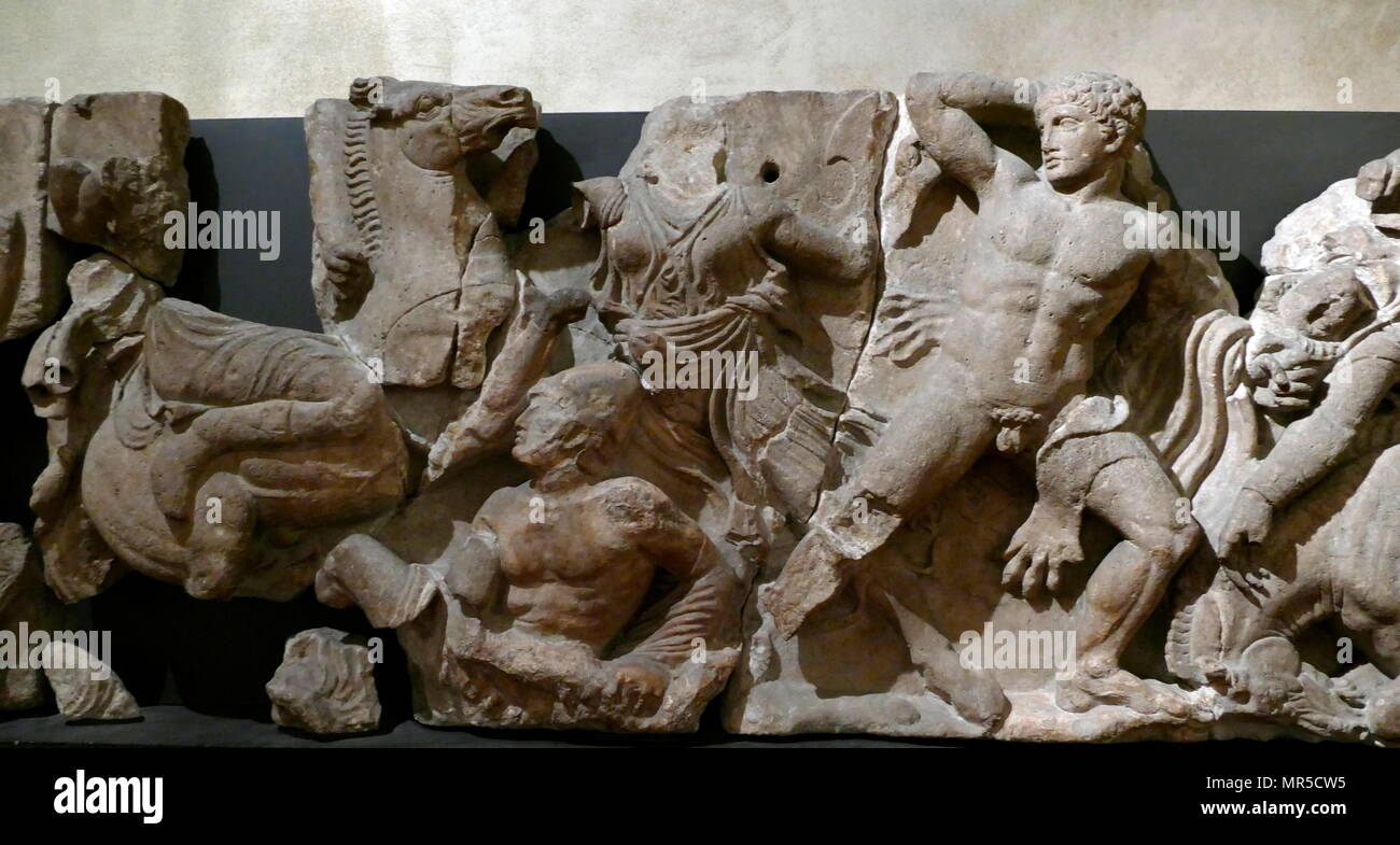 The Bassae Frieze comprises a series of relief marble sculptures from the Temple of Apollo Epikourios at Bassae, Greece. It was discovered in 1811 by Carl Haller and Charles Cockerell. From the style of the frieze it belongs to the High Classical period, probably carved around 400 BC. Stock Photo