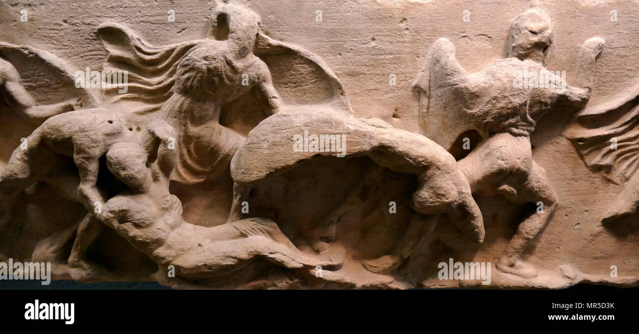 Relief from the Nereid Monument is a sculptured tomb from Xanthus in classical period Lycia, Turkey. It took the form of a Greek temple on top of a base decorated with sculpted friezes, and is thought to have been built in the early fourth century BC as a tomb for Arbinas, the Xanthian dynast who ruled western Lycia Stock Photo