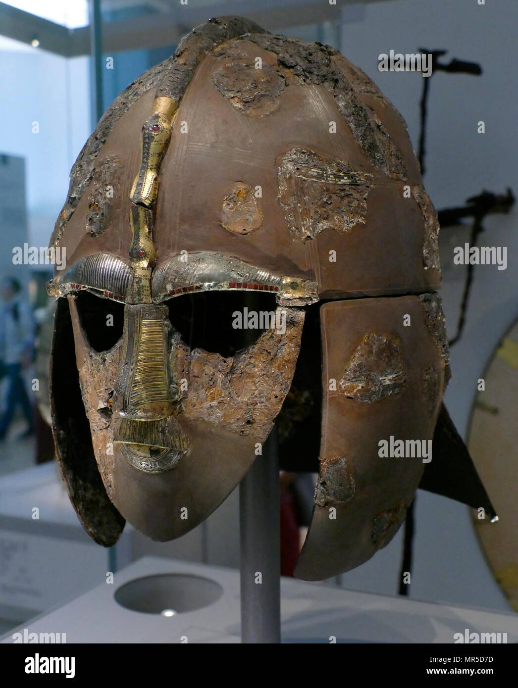 reconstruction of the Sutton Hoo helmet, a decorated Anglo-Saxon helmet  discovered during the 1939 excavation of the Sutton Hoo ship-burial. Buried  around 625 AD. it is believed to have been the helmet
