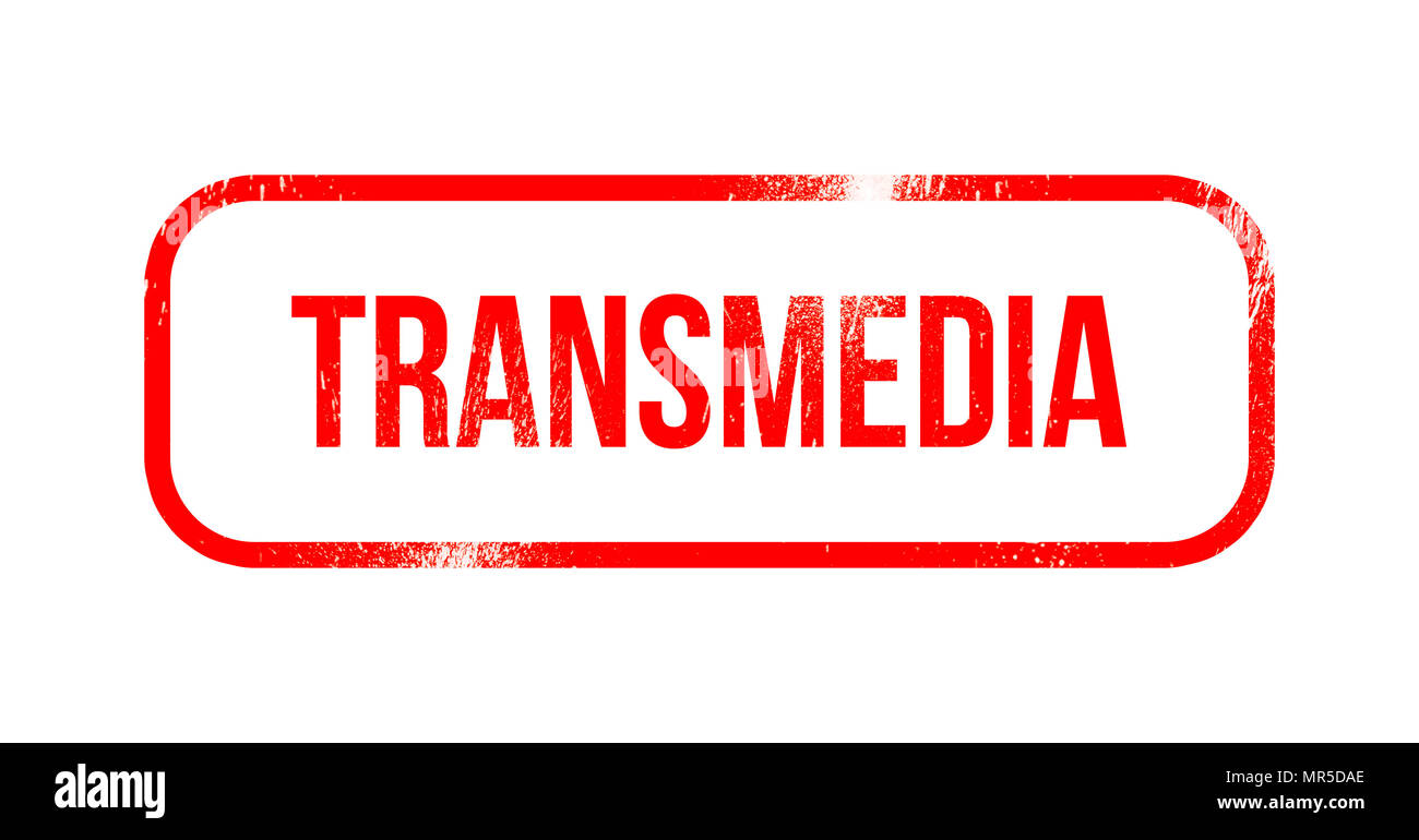 Transmedia - red grunge rubber, stamp Stock Photo