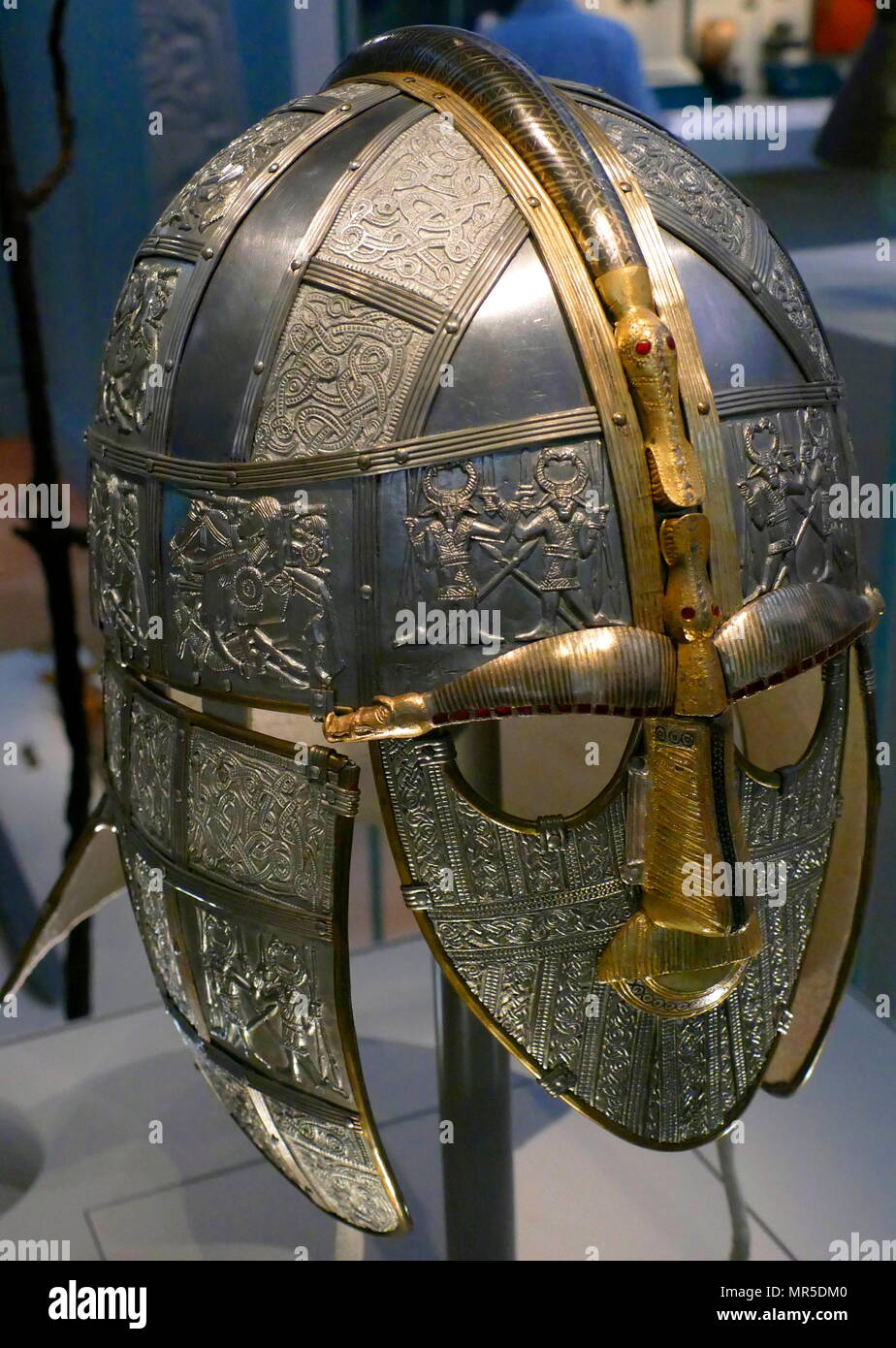 reconstruction of the Sutton Hoo helmet, a decorated Anglo-Saxon helmet  discovered during the 1939 excavation of the Sutton Hoo ship-burial. Buried  around 625 AD. it is believed to have been the helmet