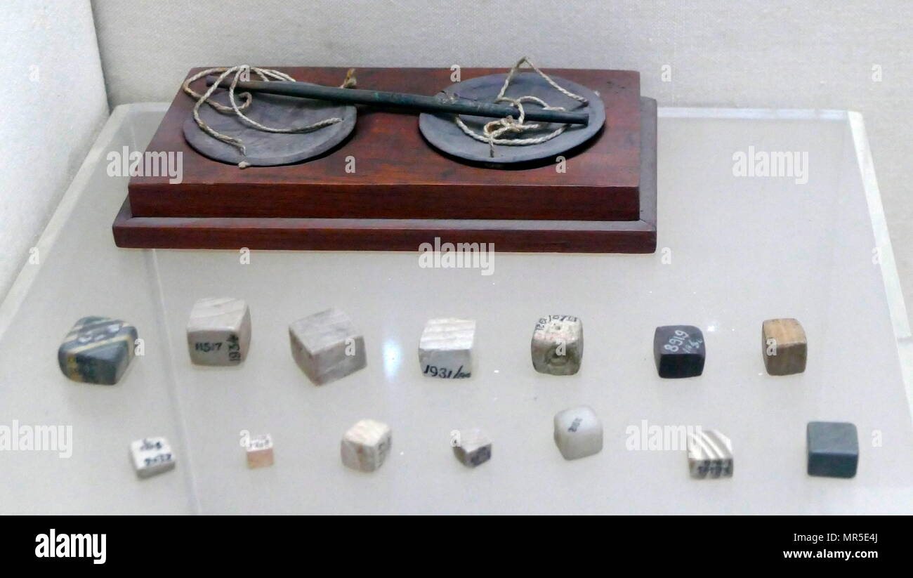 A collection of copper weights and measures from the Indus Valley Civilisation at Mohenjo-Daro, Pakistan. The Indus Valley Civilisation was a Bronze Age culture, (3300–1300 BCE; mature period 2600–1900 BCE) mainly in the north-western regions of South Asia, extending from what today is northeast Afghanistan to Pakistan and northwest India Stock Photo