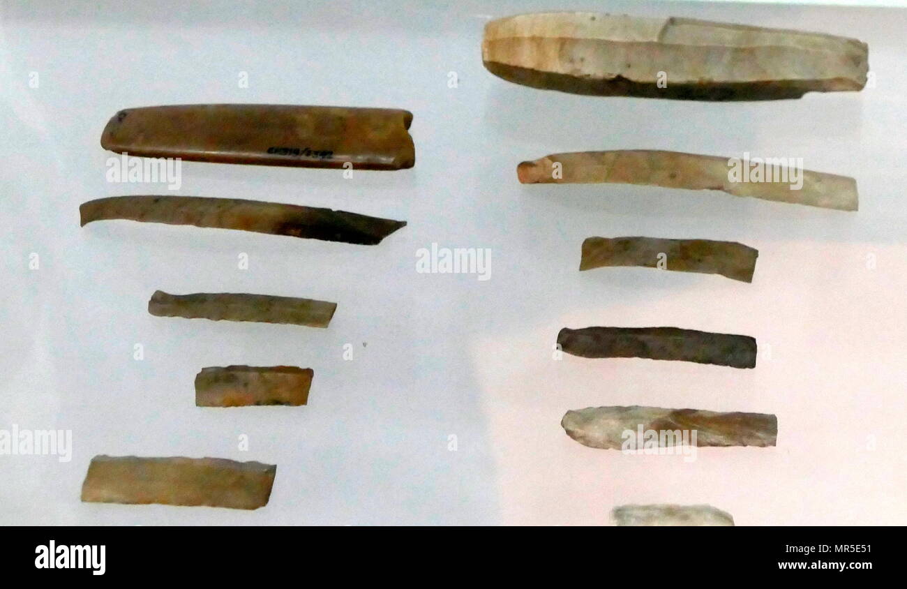 Collection of blades from the Indus Valley Civilisation at Mohenjo-Daro, Pakistan. The Indus Valley Civilisation was a Bronze Age culture, (3300–1300 BCE; mature period 2600–1900 BCE) mainly in the north-western regions of South Asia, extending from what today is northeast Afghanistan to Pakistan and northwest India Stock Photo