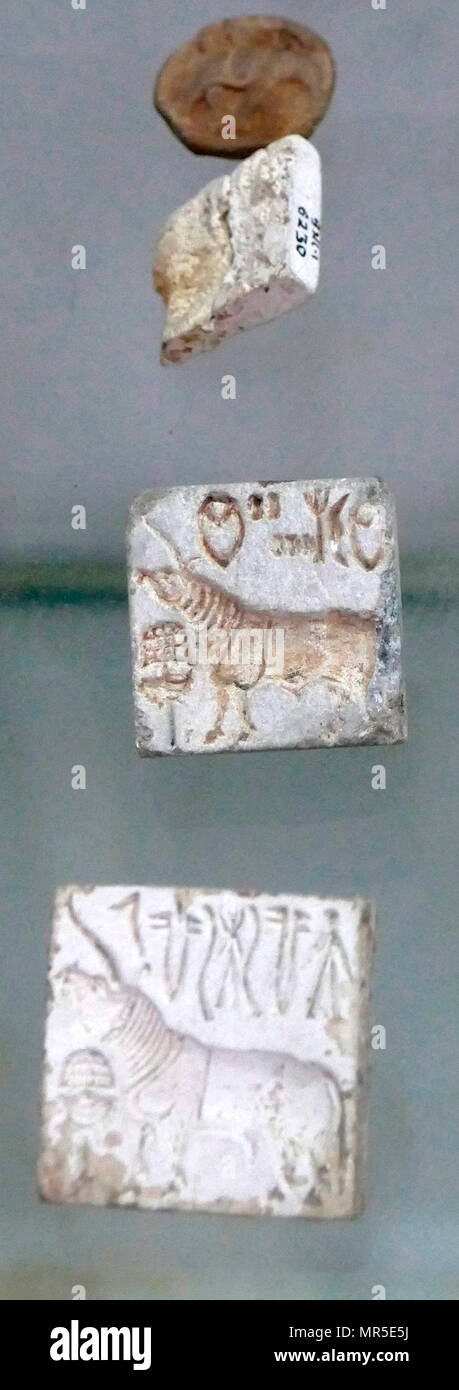 Bronze seals from the Indus Valley Civilisation at Mohenjo-Daro, Pakistan. The Indus Valley Civilisation was a Bronze Age culture, (3300–1300 BCE; mature period 2600–1900 BCE) mainly in the north-western regions of South Asia, extending from what today is northeast Afghanistan to Pakistan and northwest India Stock Photo