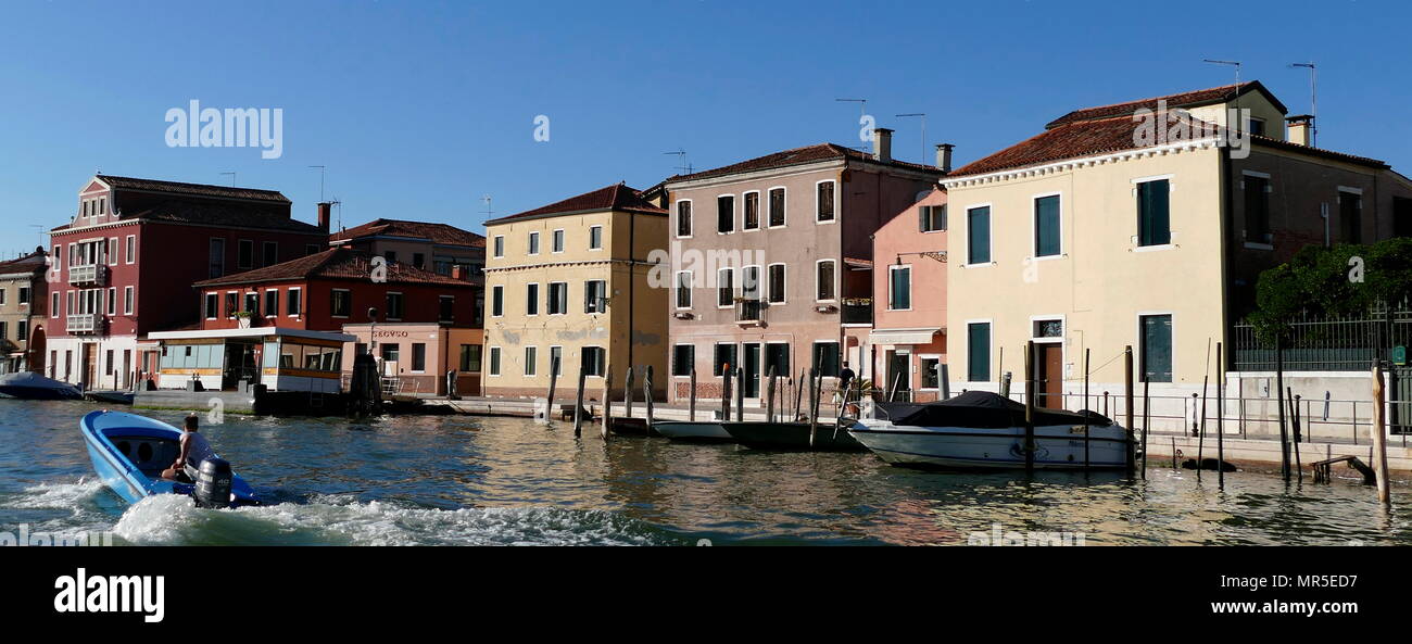 Murano in the Venetian Lagoon, northern Italy. It lies about 1.5 kilometres (0.9 miles) north of Venice. It is famous for its glass making Stock Photo