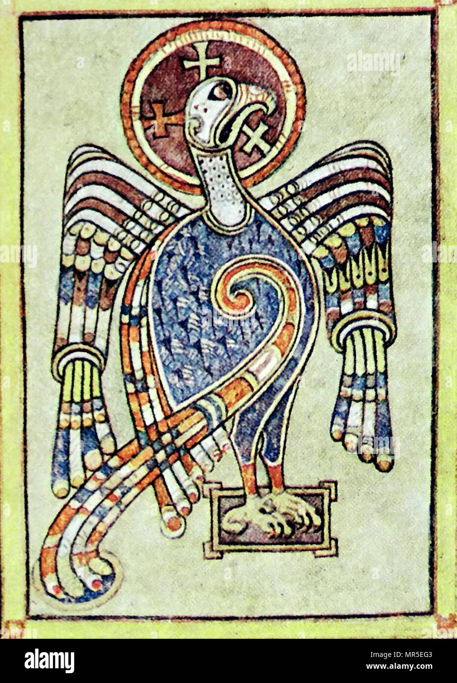 detail of an illuminated page showing a vulture or eagle from the Book of Kells.  The Book of Kells is an illuminated manuscript Gospel book in Latin, containing the four Gospels of the New Testament together with various prefatory texts and tables. It was created in a Columban monastery in Ireland, c. 800 AD. Stock Photo