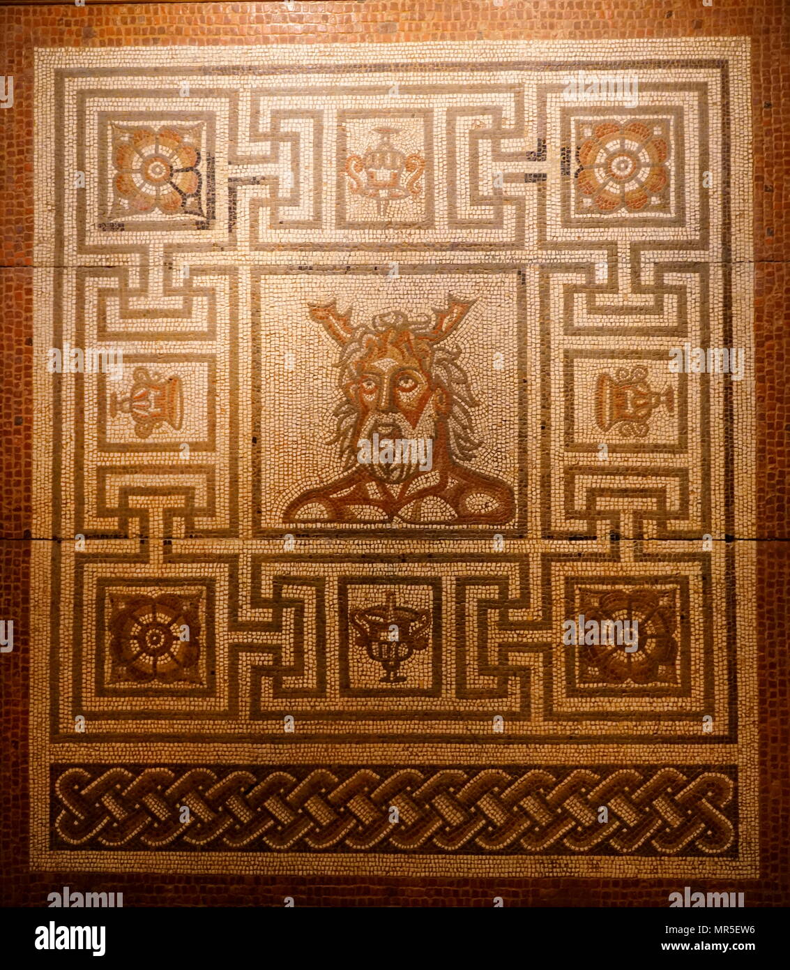 Roman British Mosaic, found at Verulamium, southwest of the modern city of St Albans in Hertfordshire, Great Britain. The Roman settlement was granted the rank of municipium around AD 50. Verulamium contained a forum, basilica and a theatre Stock Photo